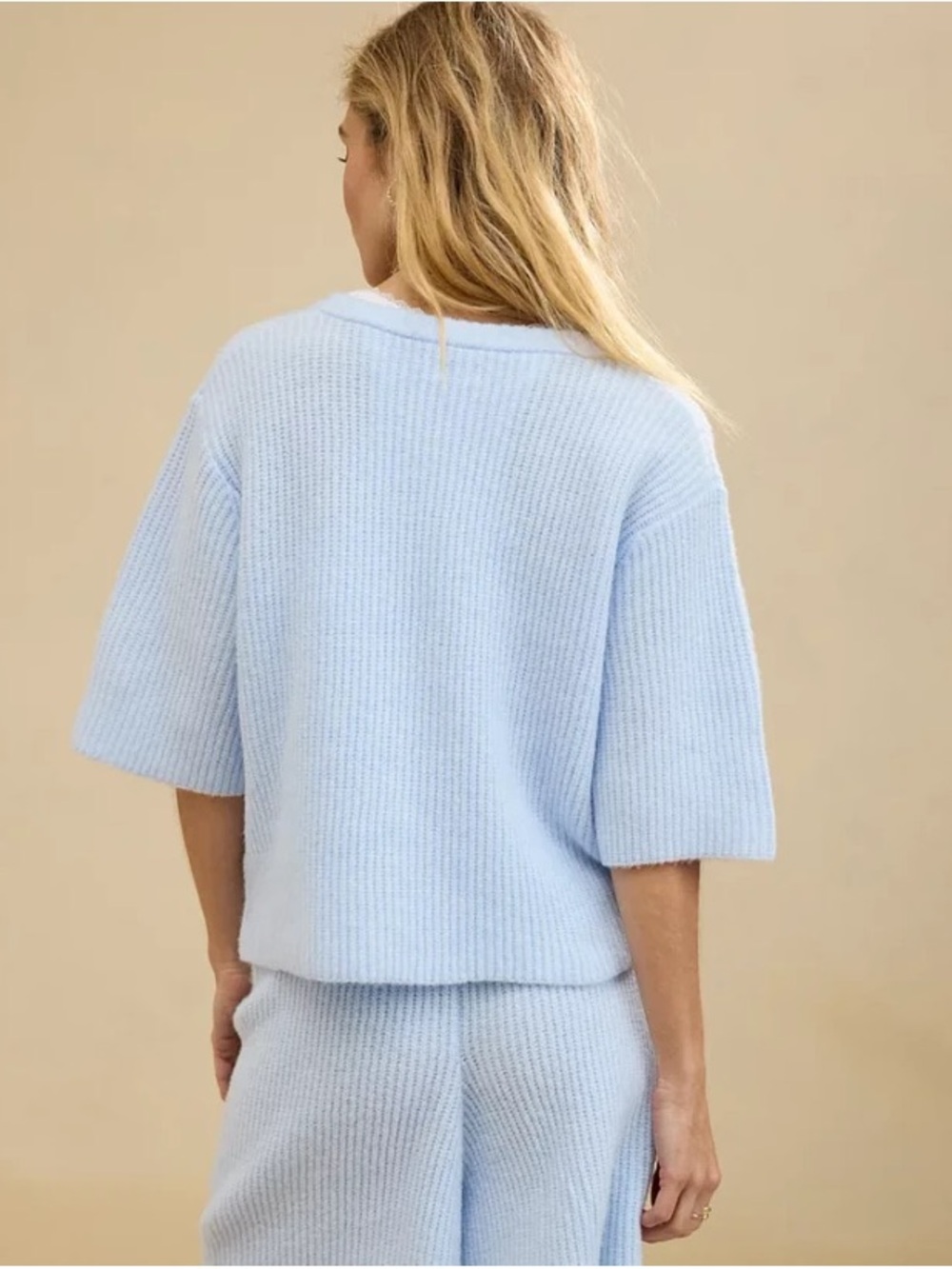 aerie Unreal Ribbed Short-Sleeve Button Front Cardigan in a light blue - Picture 2 of 10